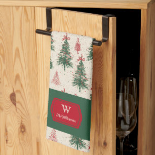 Custom Monogram Vintage Christmas Tree Pattern Tea Towel
