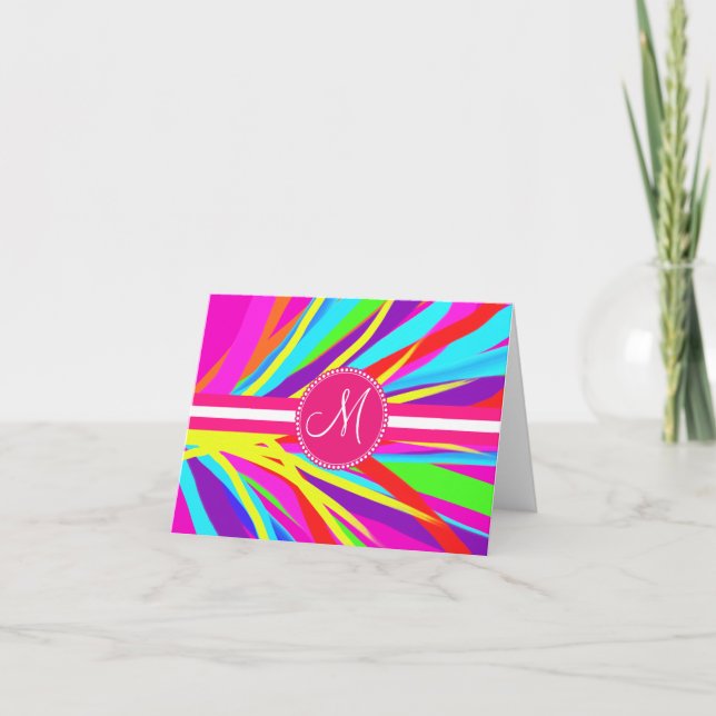 Custom Monogram Vivid Color Paint Brush Strokes Note Card (Front)