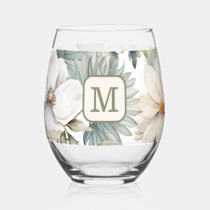 Custom Monogram Watercolor Floral Stemless Wine Glass