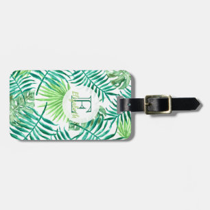 Custom monogram, watercolor tropical palm leaves, luggage tag