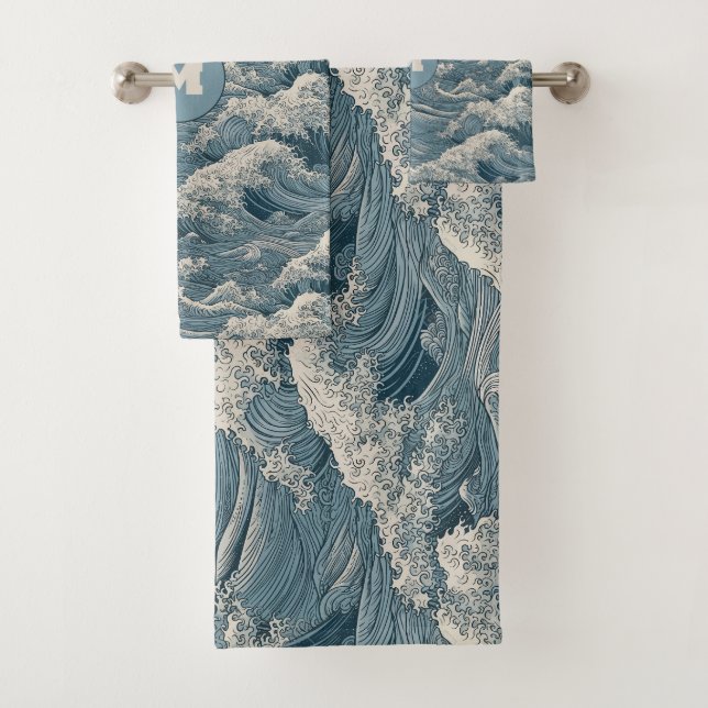Custom Monogram Waves Pattern Bath Towel Set (Insitu)