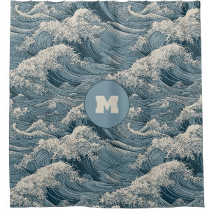 Custom Monogram Waves Pattern Shower Curtain