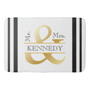 Custom Monogram Wedding Black White Gold Bath Mat