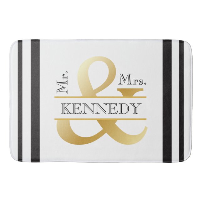 Custom Monogram Wedding Black White Gold Bath Mat (Front)