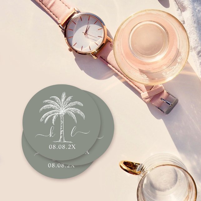 Custom Monogram Wedding Logo Palm Tree Round Paper Coaster (Creator Uploaded)