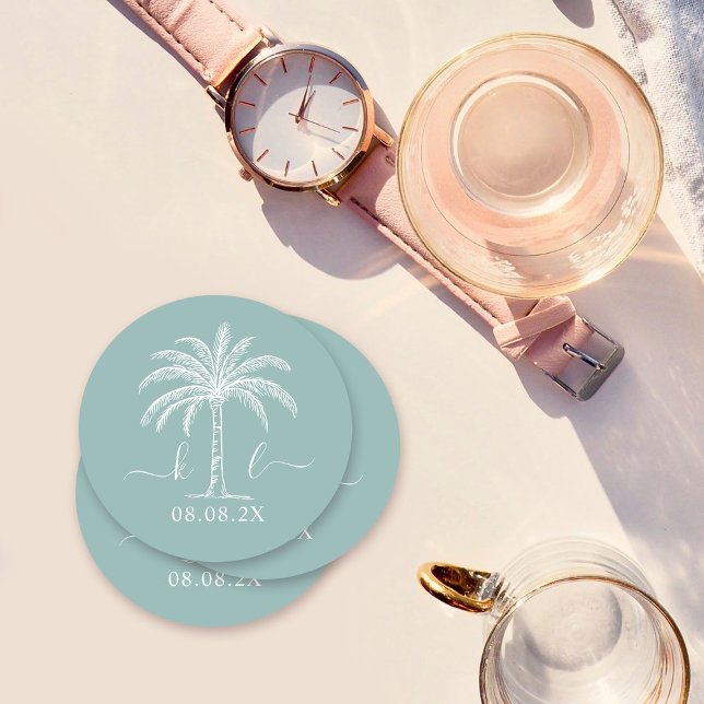 Custom Monogram Wedding Logo Palm Tree Round Paper Coaster (Creator Uploaded)