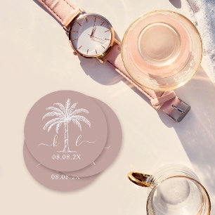Custom Monogram Wedding Logo Palm Tree Round Paper Coaster