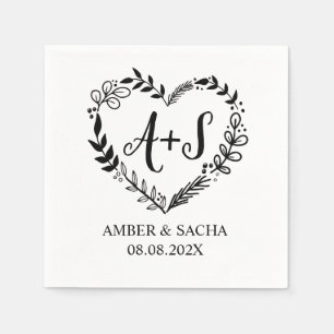Custom Monogram Wedding Logo With Heart Wreath Napkin