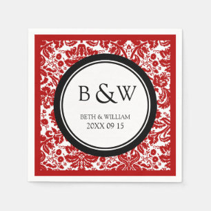 Custom Monogram Wedding Napkin Black Red Damask