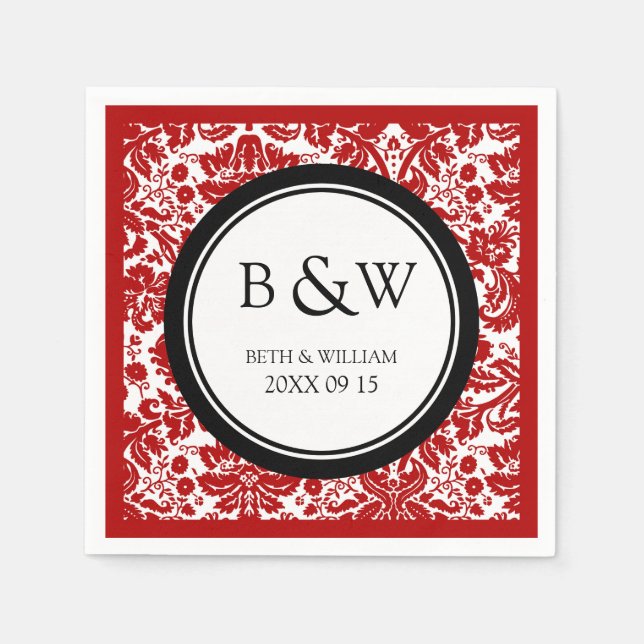 Custom Monogram Wedding Napkin Black Red Damask (Front)