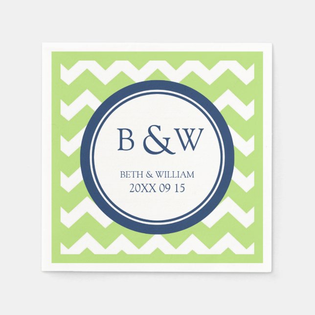 Custom Monogram Wedding Napkin Lime Blue Chevron (Front)
