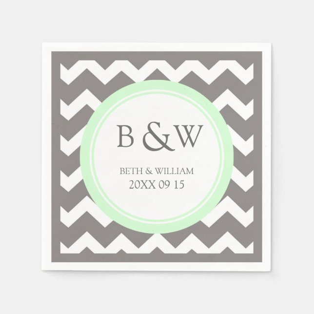 Custom Monogram Wedding Napkin Mint Grey Chevron (Front)