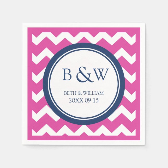 Custom Monogram Wedding Napkin Pink Blue Chevron (Front)