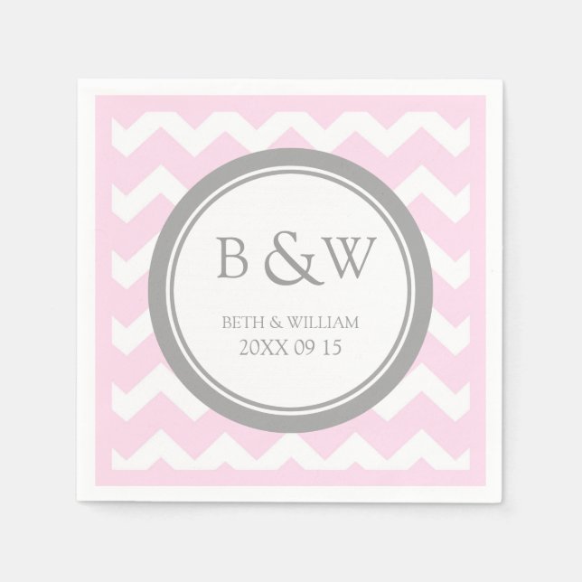Custom Monogram Wedding Napkin Pink Grey Chevron (Front)