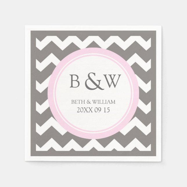 Custom Monogram Wedding Napkin Pink Grey Chevron (Front)