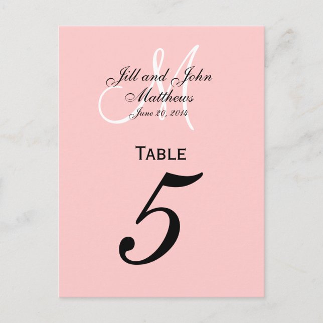 Custom Monogram Wedding Table Number Pink Postcard (Front)