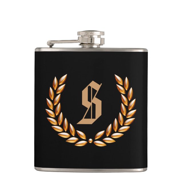Custom Monogram Wheat Crown Gold on Black Hip Flask (Front)