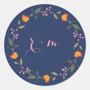 Custom Monogram Whimsical Floral Wreath Wedding Classic Round Sticker