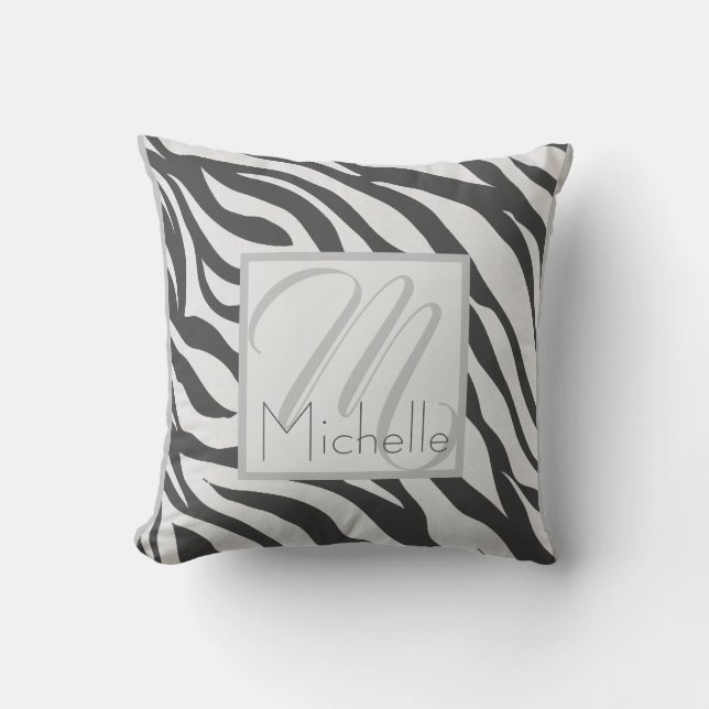 Custom Monogram White and Dark Gray Zebra Stripes Cushion (Front)