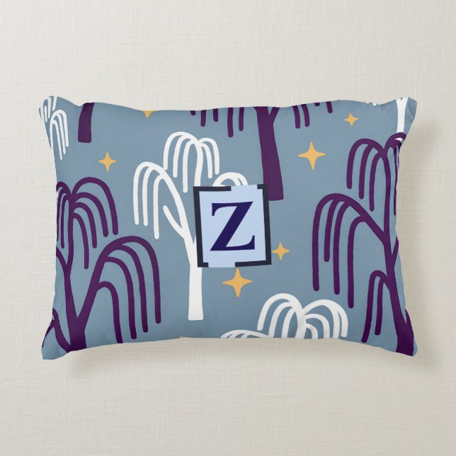 Custom Monogram Willow Tree Blue Accent Pillow (Front)