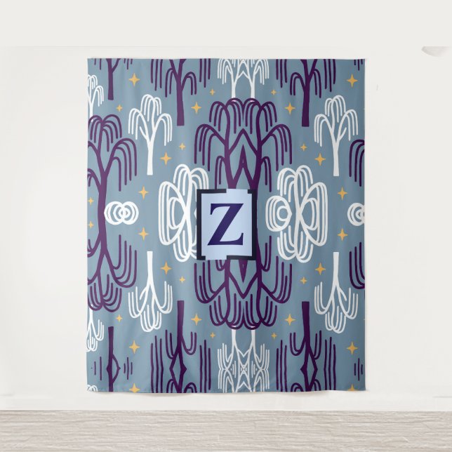 Custom Monogram Willow Tree Blue Wall Tapestry (Front)