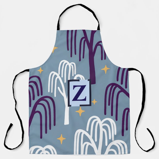 Custom Monogram Willow Tree Pattern Blue  Apron (Front)