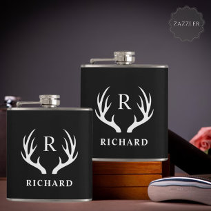 Custom Monogram with Black White Deer Antler Hip Flask