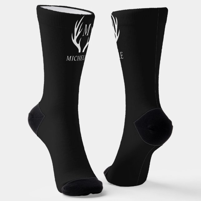Custom Monogram with Black White Deer Antler Socks (Angled)