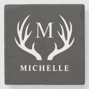 Custom Monogram with Black White Deer Antler Stone Coaster