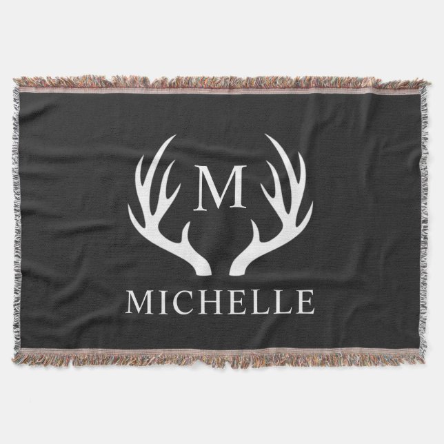 Custom Monogram with Black White Deer Antler Throw Blanket (Front)