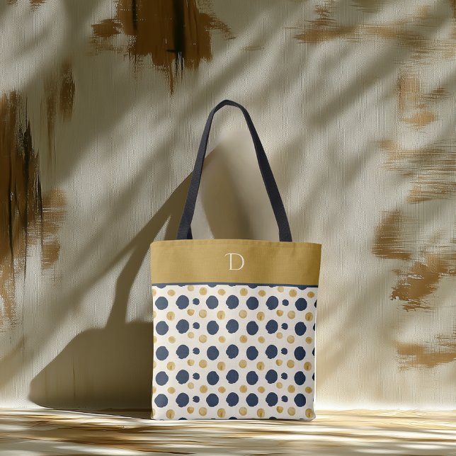 Custom Monogram with Navy & Mustard Polka Dot Tote Bag (Creator Uploaded)