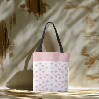 Custom Monogram with Pink Heart Minimal Pattern  Tote Bag
