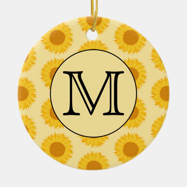 Custom Monogram, with Yellow Sunflowers. Ceramic Ornament (Front)