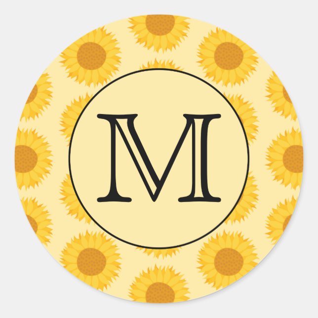 Custom Monogram, with Yellow Sunflowers. Classic Round Sticker (Front)