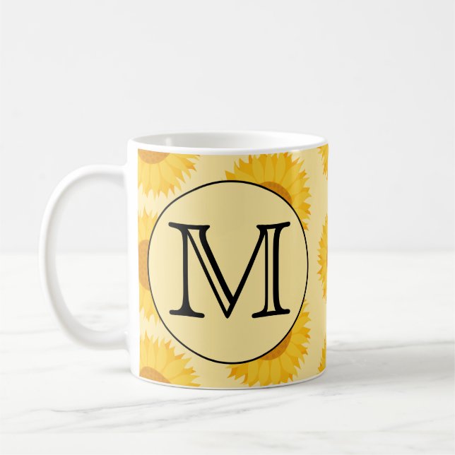 Custom Monogram, with Yellow Sunflowers. Coffee Mug (Left)