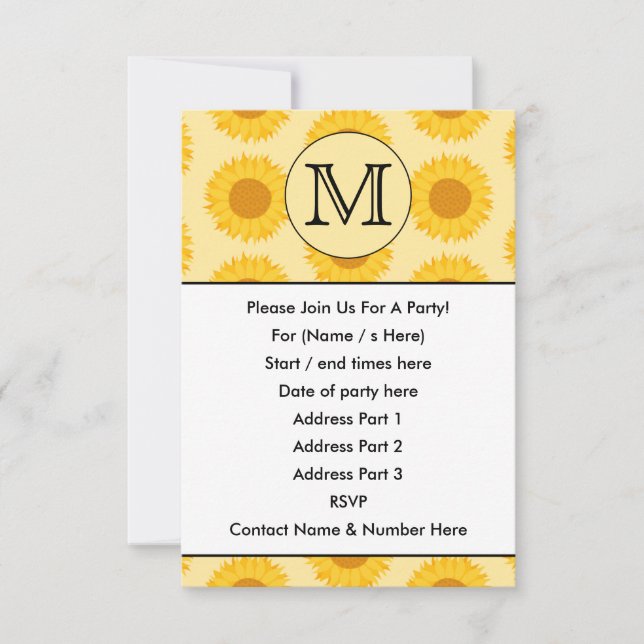 Custom Monogram, with Yellow Sunflowers. Invitation (Front)