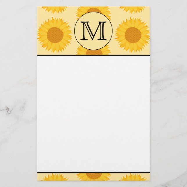 Custom Monogram, with Yellow Sunflowers. Stationery (Front)