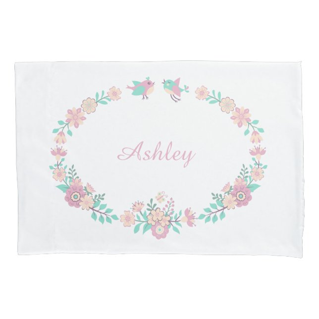 Custom Monogram Wreath Floral Girl Pillowcase, Rev Pillowcase (Front)