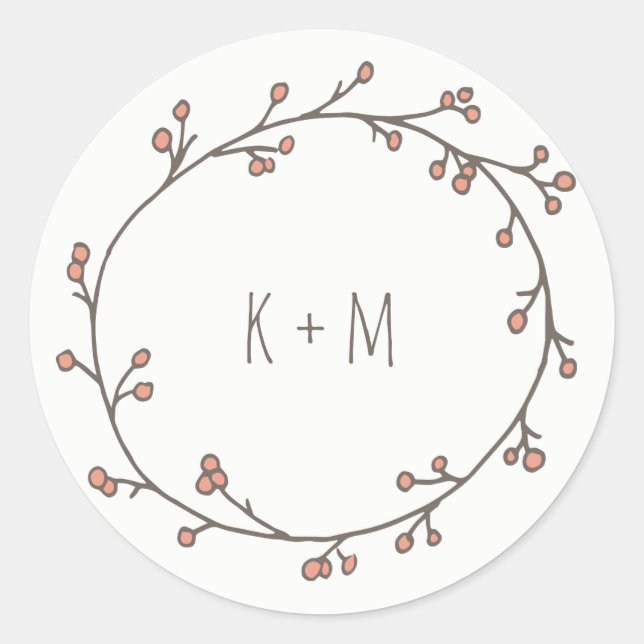 Custom Monogram Wreath of Berries Classic Round Sticker (Front)
