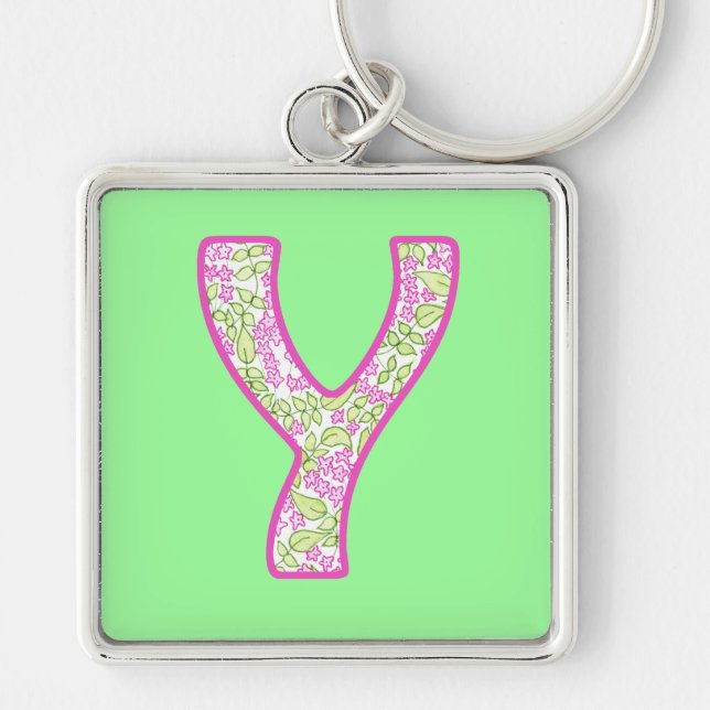 Custom Monogram Y Keychain, Ditsy Floral Pattern Key Ring (Front)