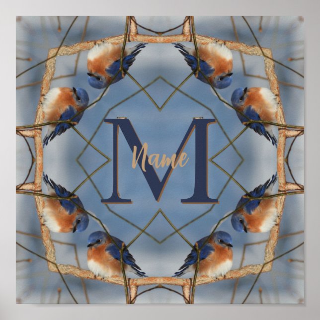 Custom Monogram Your Initial Bluebird Nature Art Poster (Front)