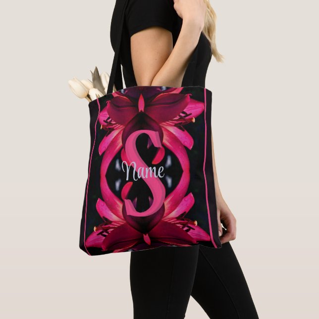 Custom Monogram Your Initial Name Lily Floral Art Tote Bag (Close Up)