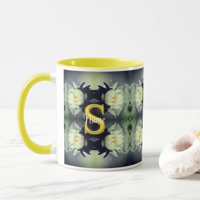 Custom Monogram Your Initial Name Lotus Flower  Mug (With Donut)