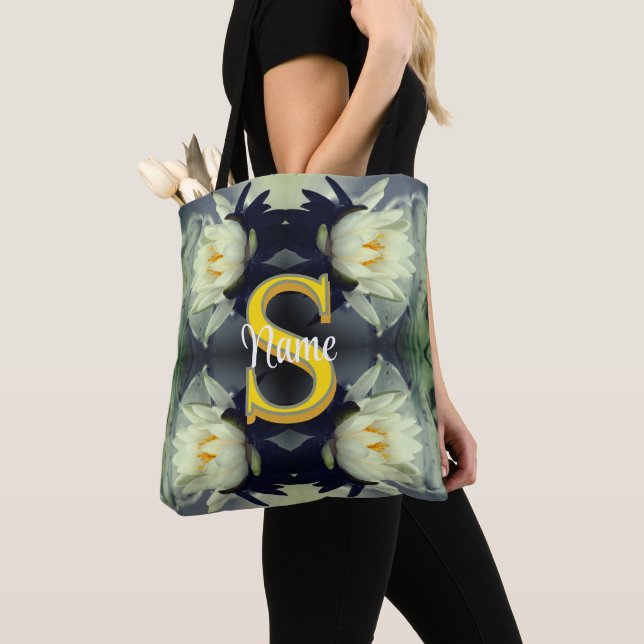 Custom Monogram Your Initial Name Lotus Flower  Tote Bag (Close Up)