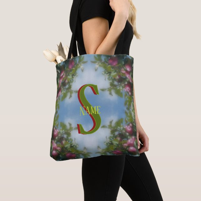 Custom Monogram Your Initial Name Red Apples Art Tote Bag (Close Up)