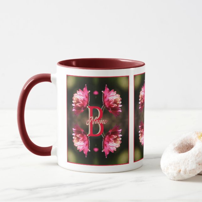 Custom Monogram Your Initial Name Red Flower Mug (With Donut)