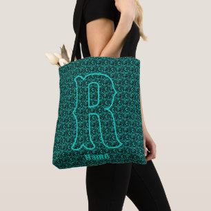Custom Monogram Your Initial Name Turquoise Tote Bag