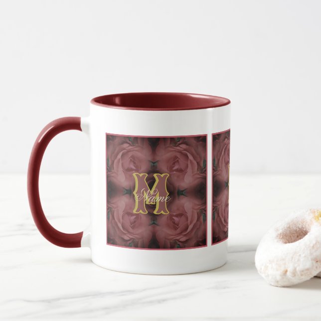 Custom Monogram Your Initial Name Vintage Roses Mug (With Donut)