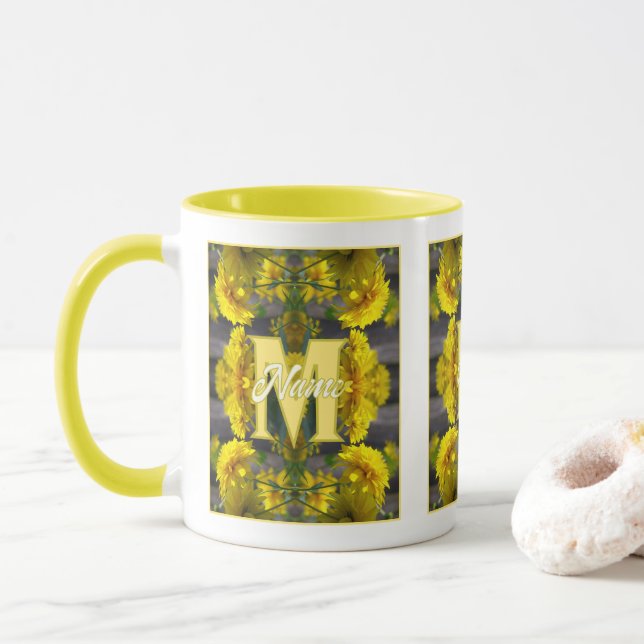 Custom Monogram Your Initial Name Yellow Flowers Mug (With Donut)