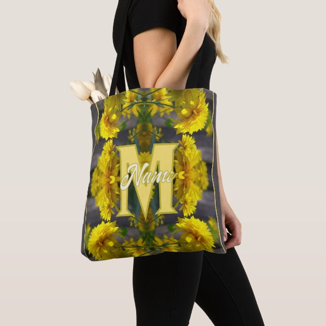 Custom Monogram Your Initial Name Yellow Flowers Tote Bag (Close Up)